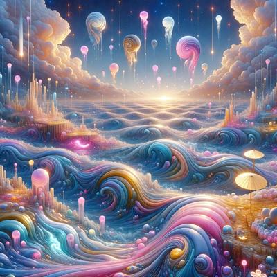 The primary subject of the image is a vibrant and colorful ocean scene with a variety of balloons floating in the air. The setting is a beautifully painted ocean with a sun in the background, creating a warm and inviting atmosphere. The visual style is a mix of digital art and illustration, with the balloons and ocean elements skillfully combined to create a unique and captivating image. The colors and mood are predominantly pink and blue, giving the scene a cheerful and lively feel.